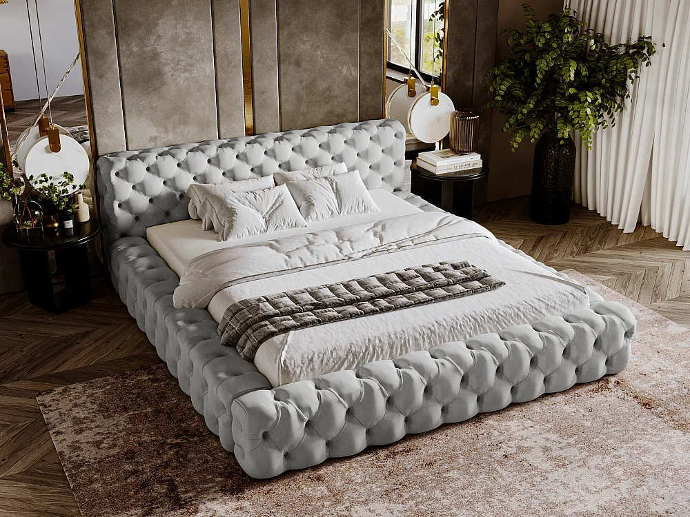 Lit rembourré avec rangement - 140 x 200 - lit double - velours - gris - Palini