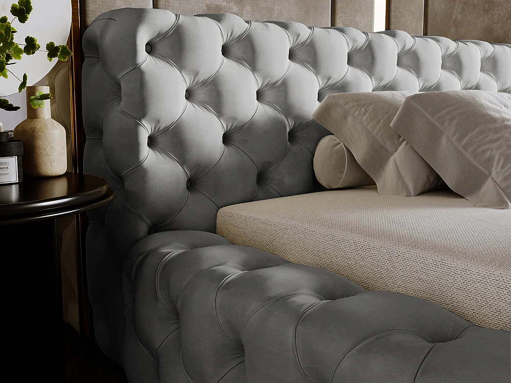 Lit rembourré avec rangement - 140 x 200 - lit double - velours - gris - Palini