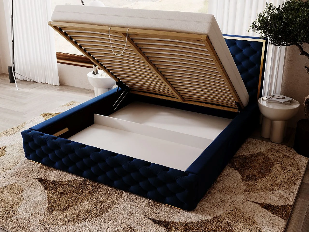 Gestoffeerd bed Wave 140x200 blauw - opbergruimte voor beddengoed, houten lattenbodem, doorgestikt hoofdbord en bedframe