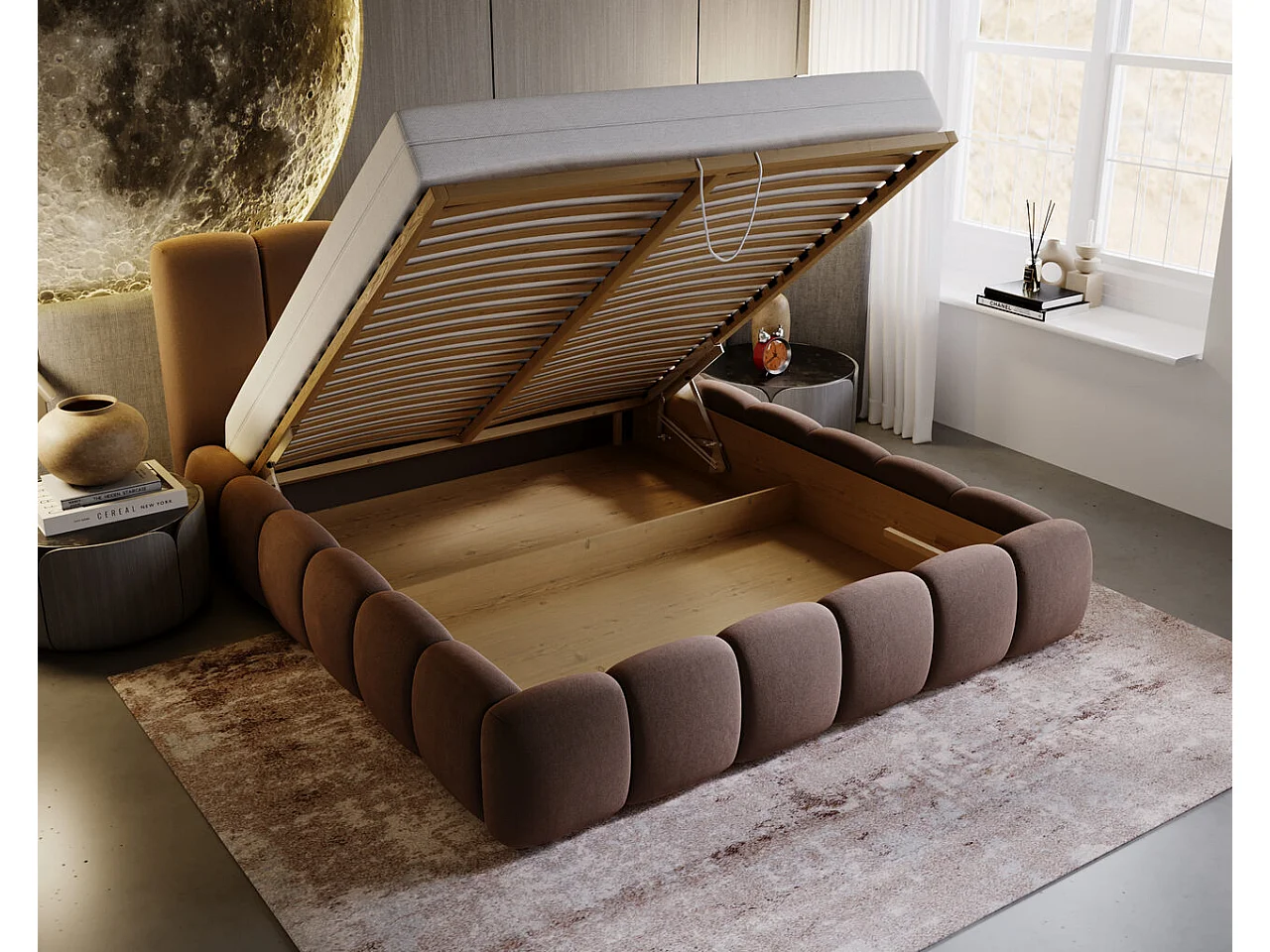 Lit rembourré avec rangement - 200 x 200  - lit double - velours - marron - Cloud