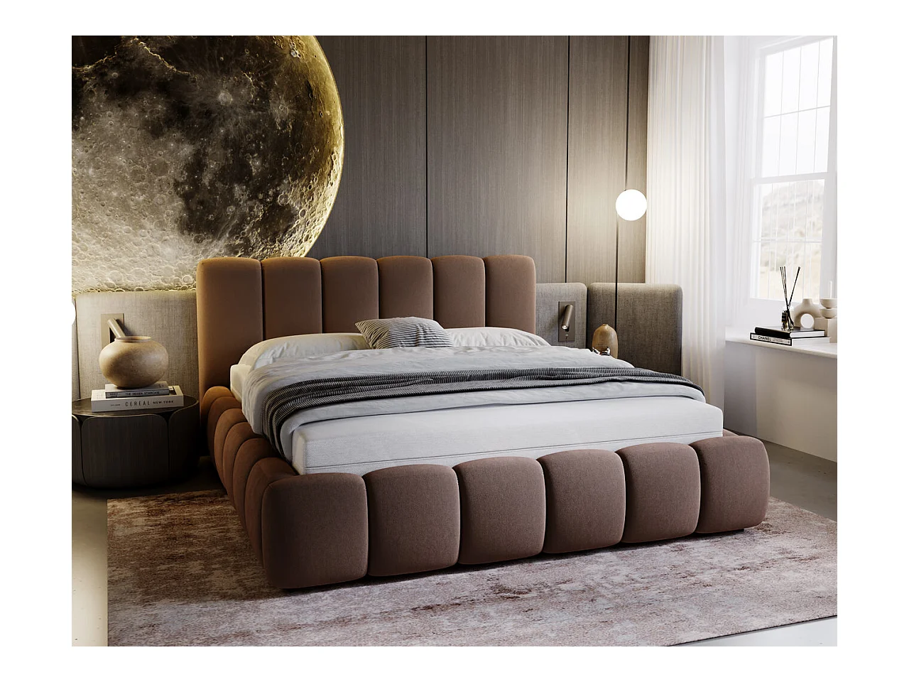 Lit rembourré avec rangement - 200 x 200  - lit double - velours - marron - Cloud