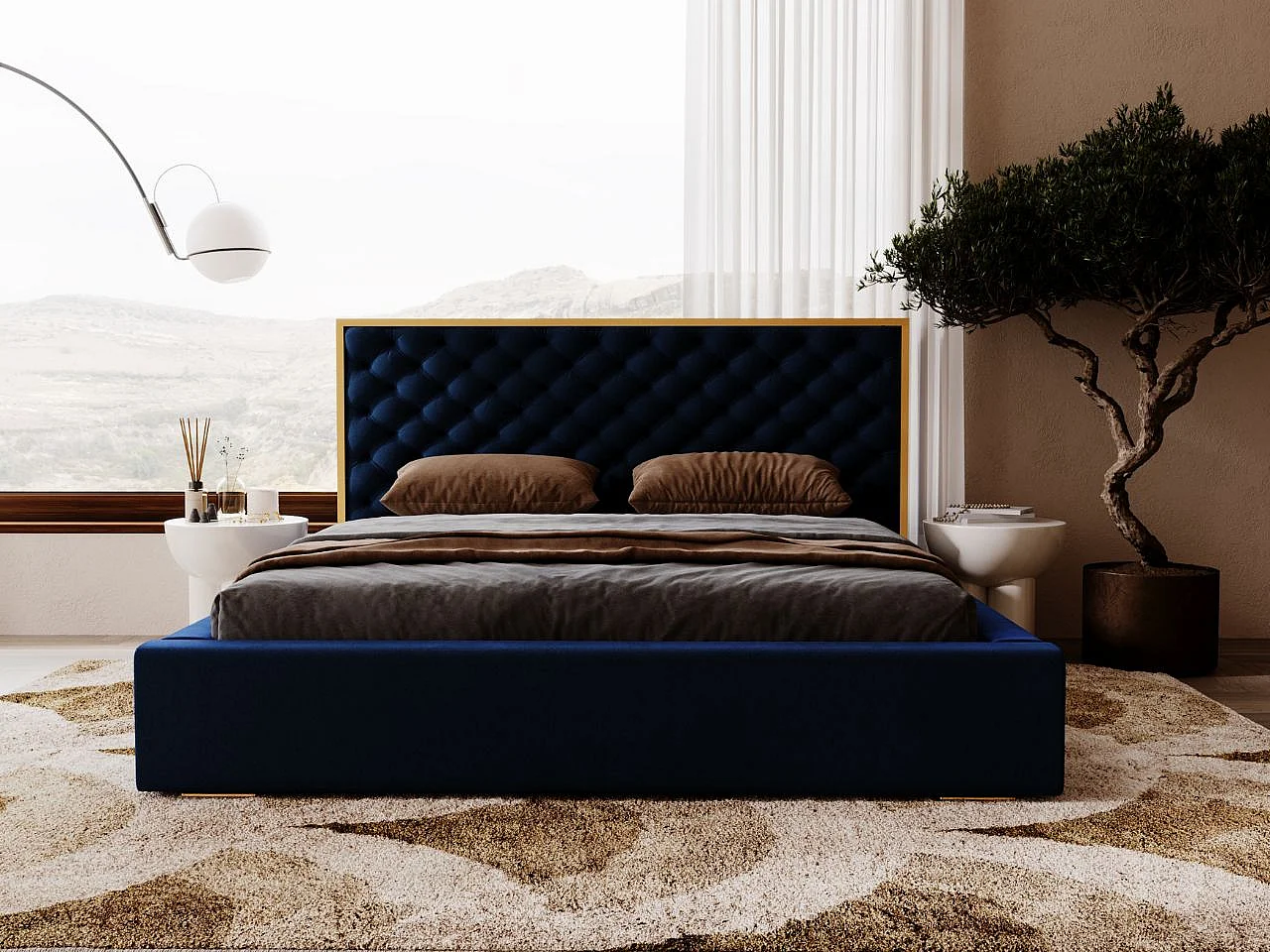 Lit rembourré avec rangement - 160 x 200 - lit double - velours - bleu - Bonito