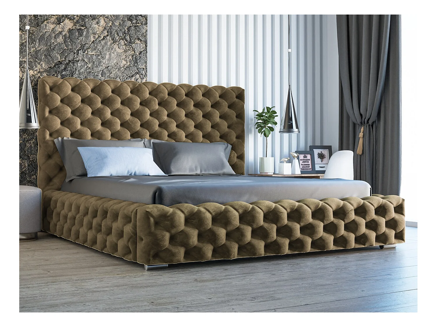 Lit rembourré avec rangement - 160 x 200  - lit double - velours - marron - Heaven