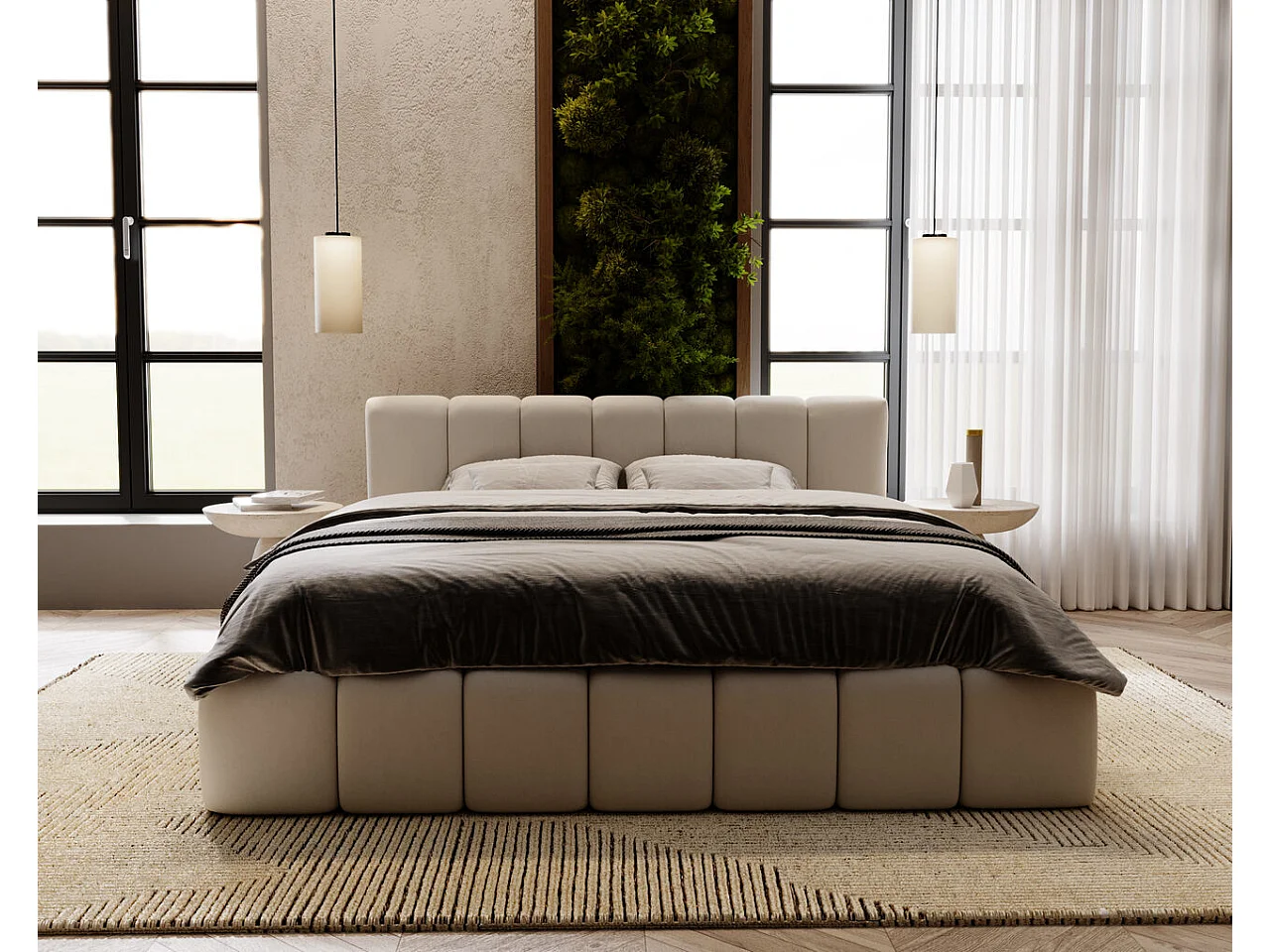 Gestoffeerd bed Split 180x200 lichtgrijs - opbergruimte voor beddengoed, houten lattenbodem, doorgestikt hoofdbord en bedframe