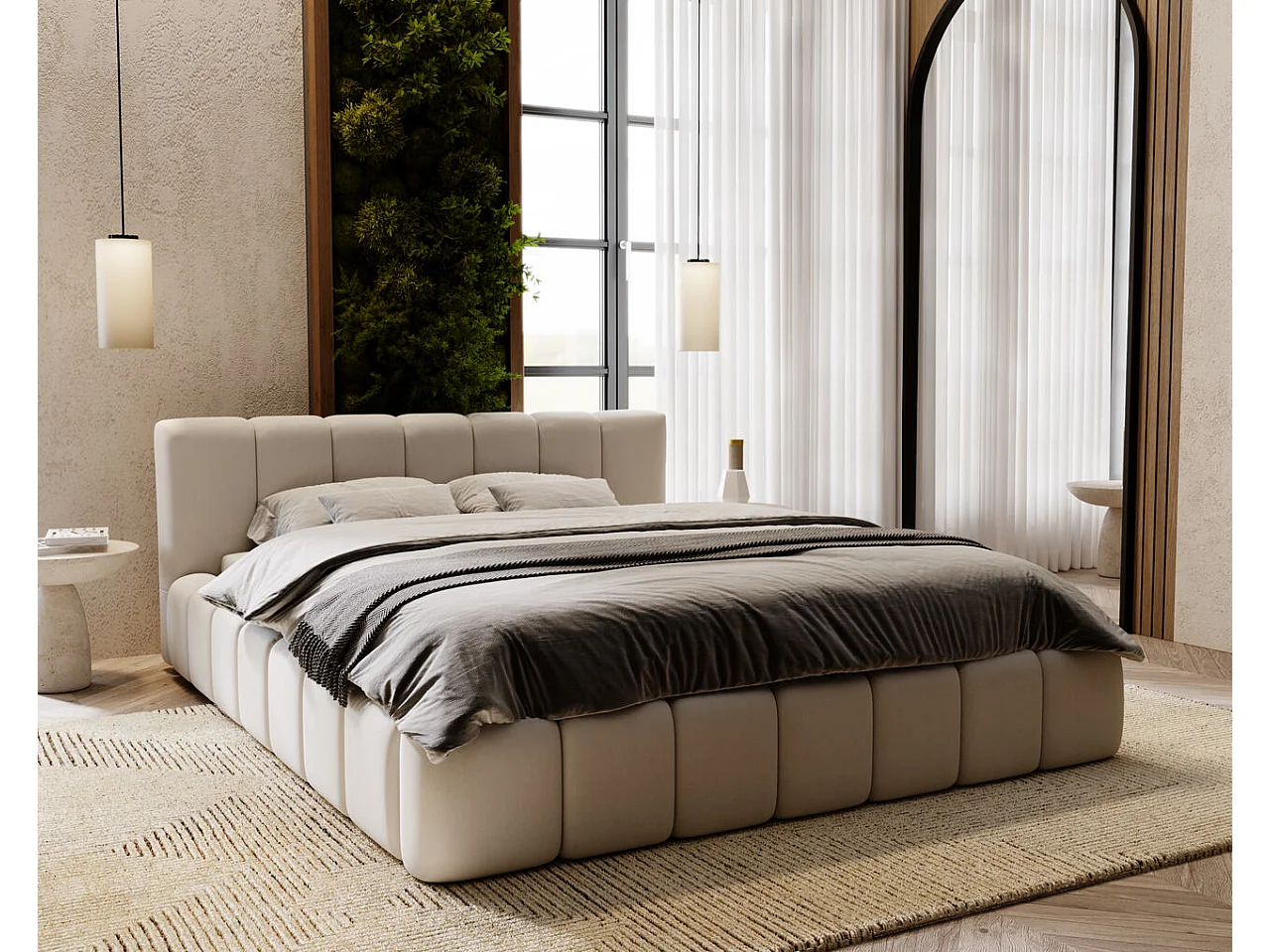 Lit rembourré avec rangement - 180 x 200 - lit double - velours - gris clair - Split