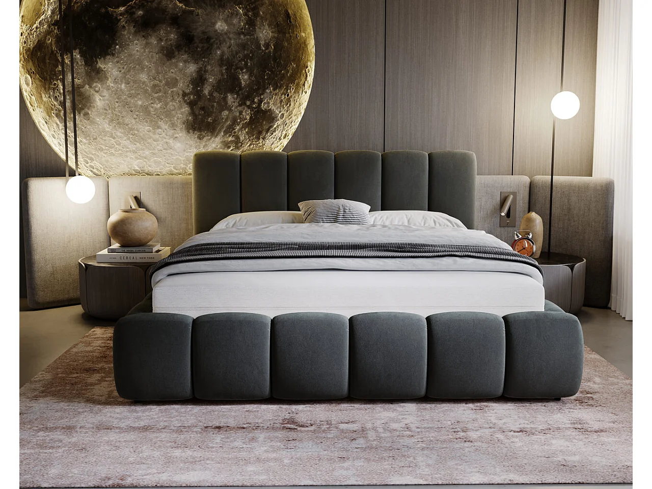 Gestoffeerd bed Cloud 180x200 donkergrijs - opbergruimte voor beddengoed, houten lattenbodem, doorgestikt hoofdbord en bedframe