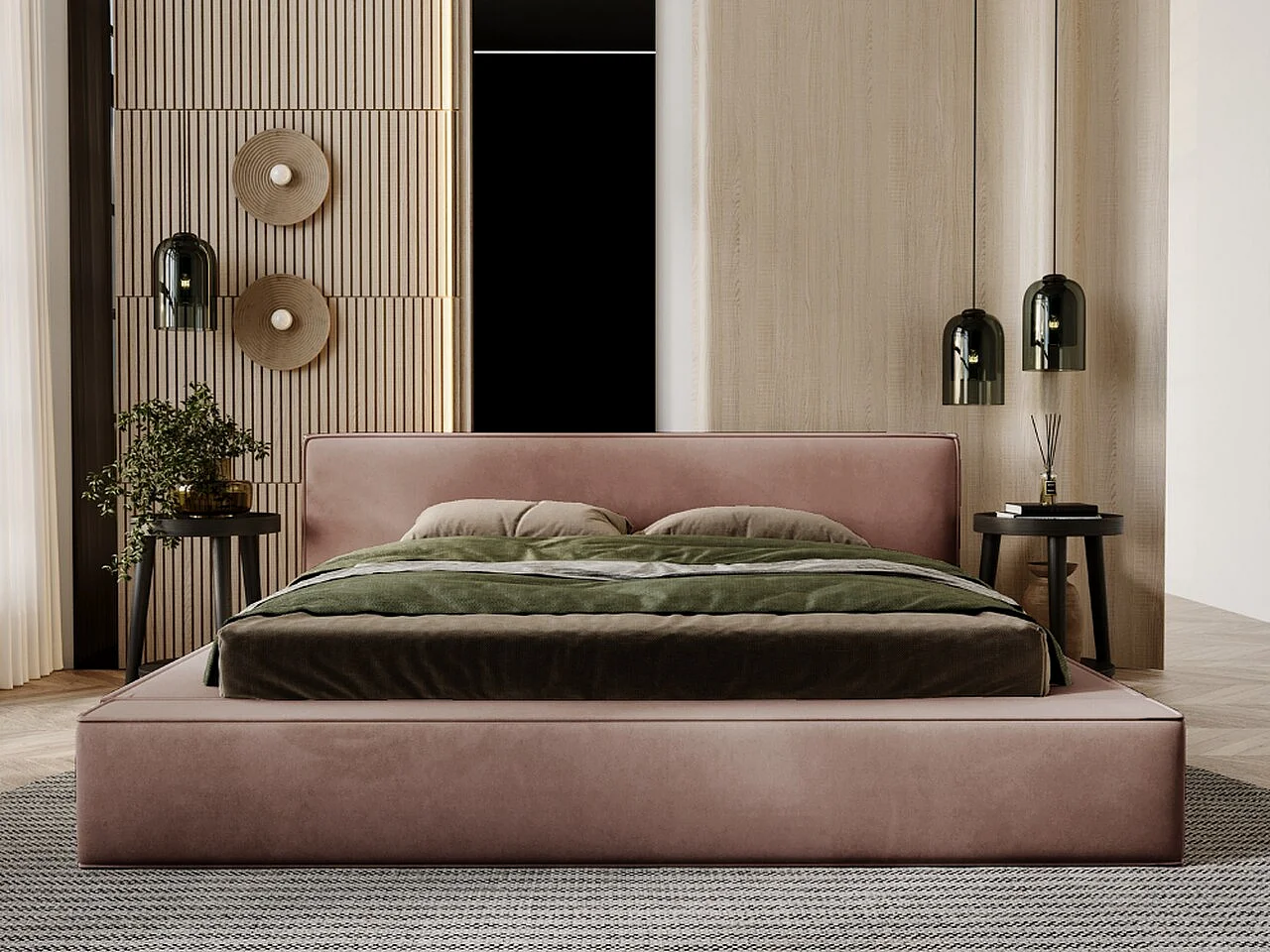 Lit rembourré avec rangement - 140 x 200 - lit double - velours - marron - Mali