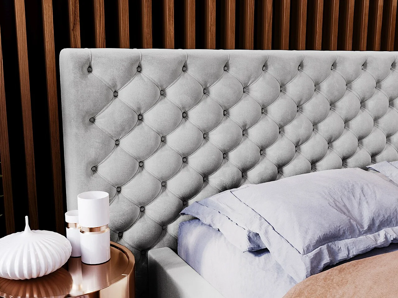 Gestoffeerd bed Madera 160x200 lichtgrijs - opbergruimte voor beddengoed, houten lattenbodem, doorgestikt hoofdbord en bedframe