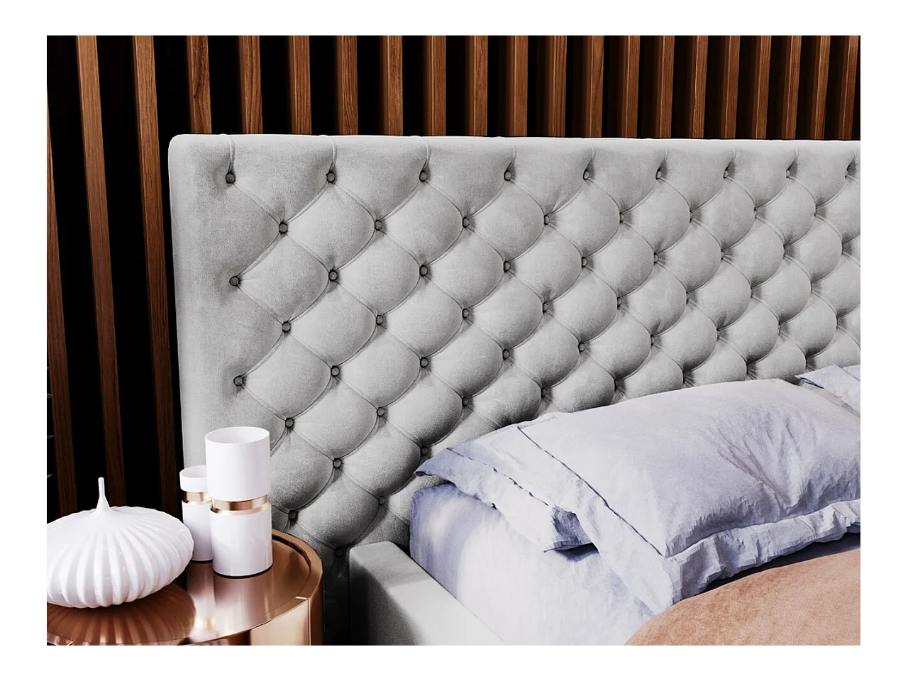 Lit rembourré avec rangement - 160 x 200 - lit double - velours - gris clair - Madera