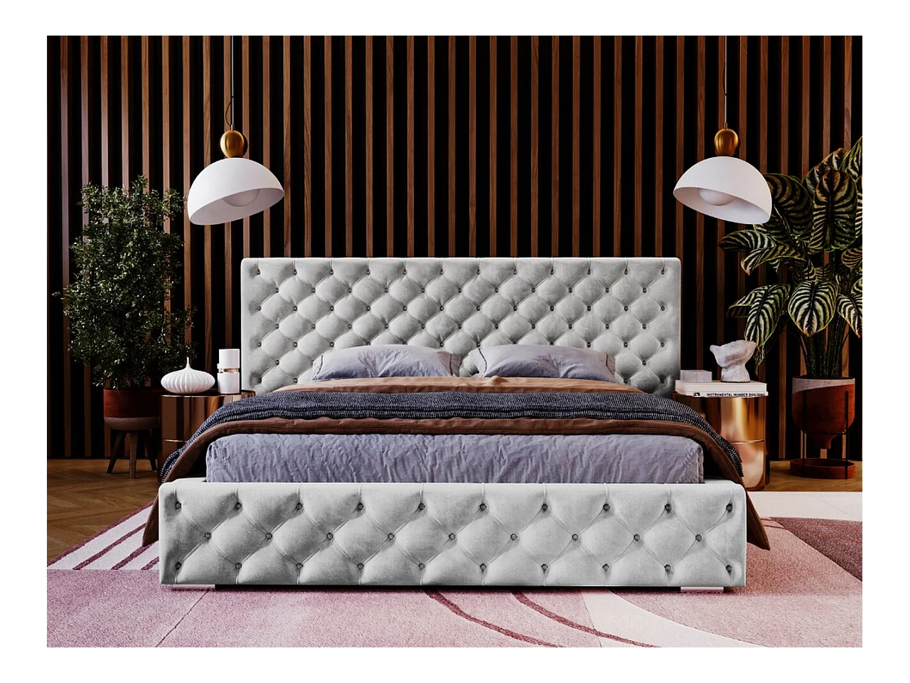 Lit rembourré avec rangement - 160 x 200 - lit double - velours - gris clair - Madera