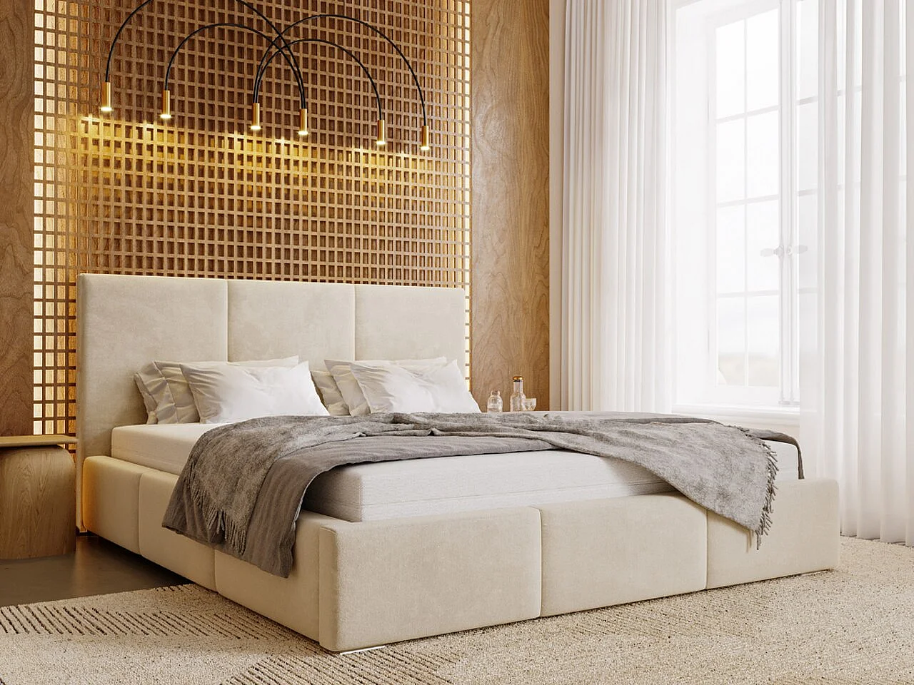 Lit rembourré avec rangement - 120 x 200 - lit double - velours - beige - Lincoln