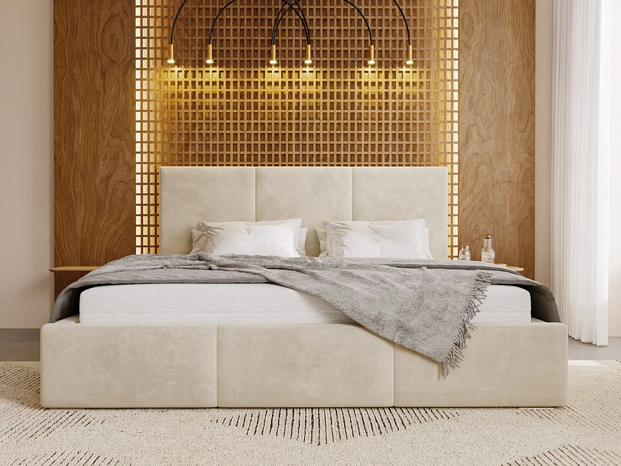 Lit rembourré avec rangement - 120 x 200 - lit double - velours - beige - Lincoln