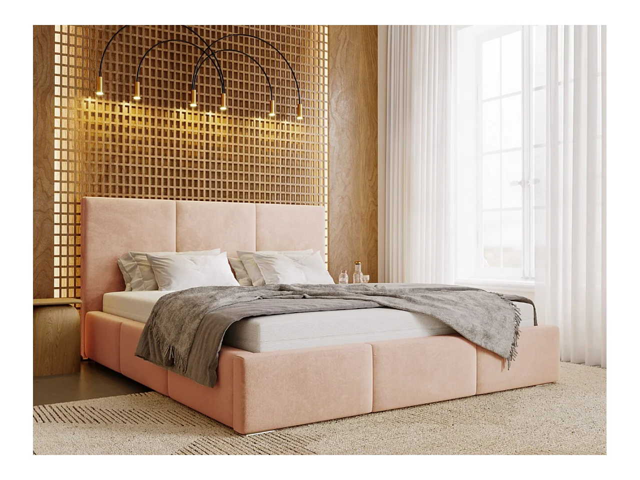 Lit rembourré avec rangement - 180 x 200 - lit double - velours - rose poudré - Lincoln