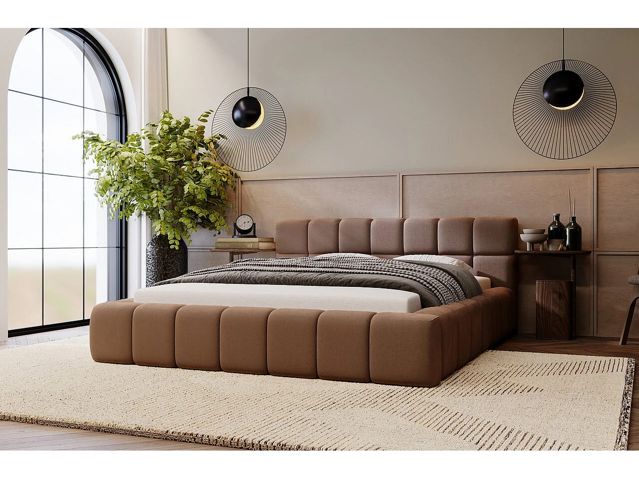 Gestoffeerd bed Alicante 120x200 bruin - opbergruimte voor beddengoed, houten lattenbodem, doorgestikt hoofdbord en bedframe.