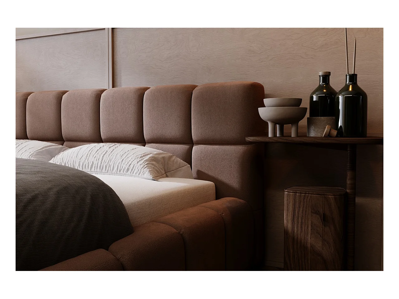 Lit rembourré avec rangement - 120 x 200 - lit double - velours - marron - Alicante