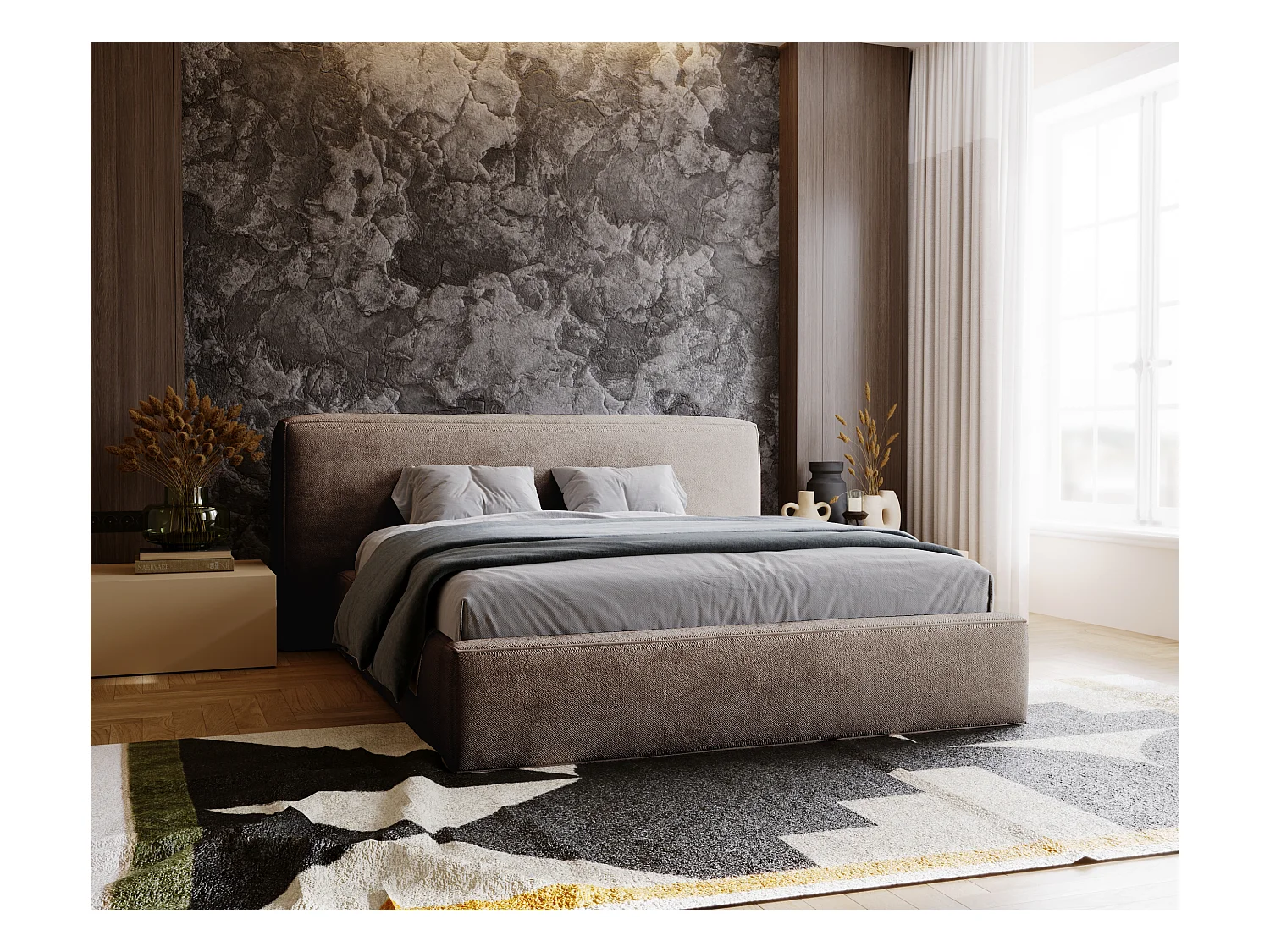 Lit rembourré avec rangement - 120 x 200 - lit double - chenille - marron - Monza