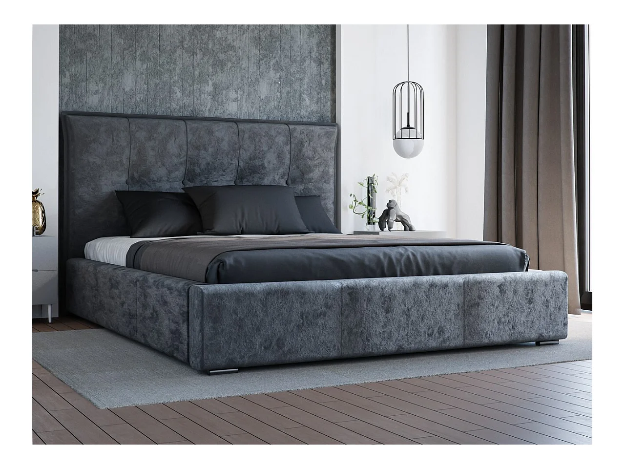 Lit rembourré avec rangement - 200 x 200 - lit double - velours - gris foncé - Valencia