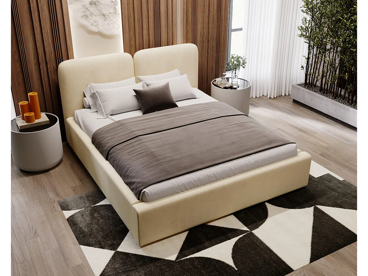 Lit rembourré avec rangement - 140 x 200 - lit double - velours - beige - Palermo