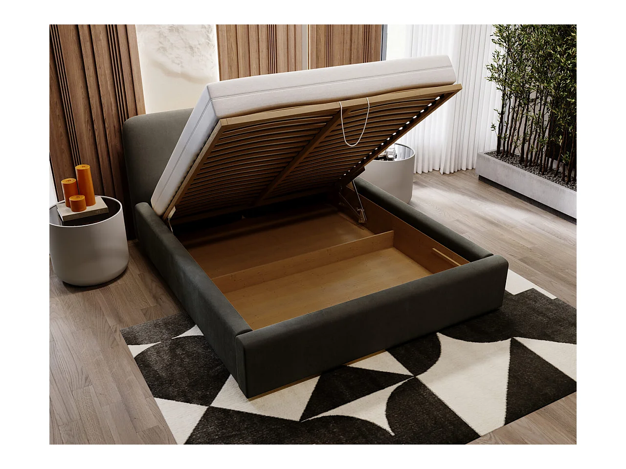 Lit rembourré avec rangement - 120 x 200 - lit double - velours - gris foncé - Palermo