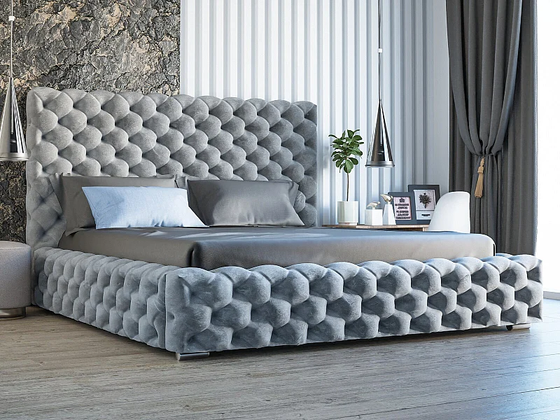 Gestoffeerd bed Heaven 120x200 lichtgrijs - opbergruimte voor beddengoed, houten lattenbodem, doorgestikt hoofdbord en bedframe