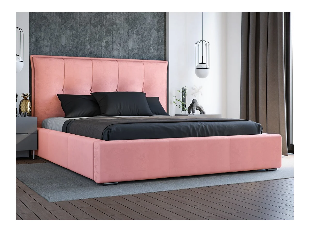 Lit rembourré avec rangement - 180 x 200 - lit double - velours - rose - Valencia
