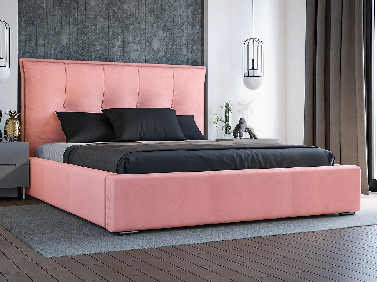 Lit rembourré avec rangement - 180 x 200 - lit double - velours - rose - Valencia