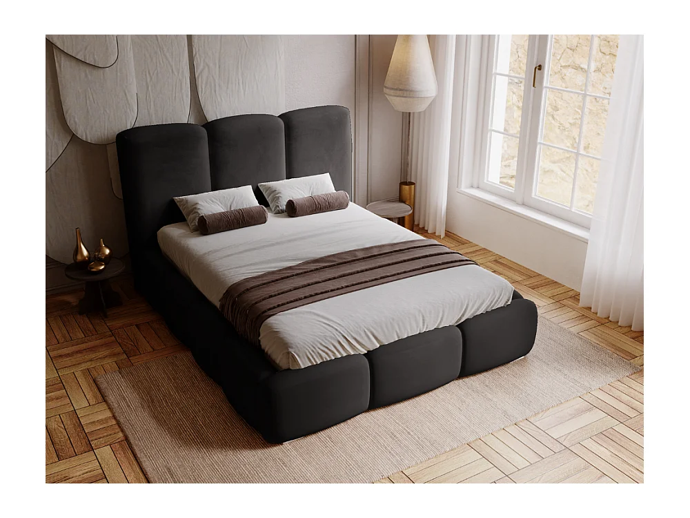 Lit rembourré avec rangement - 160 x 200 - lit double - velours - noir - Bubble