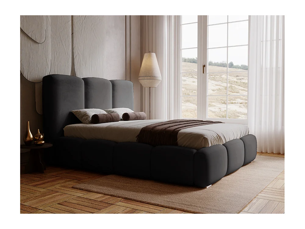 Lit rembourré avec rangement - 160 x 200 - lit double - velours - noir - Bubble