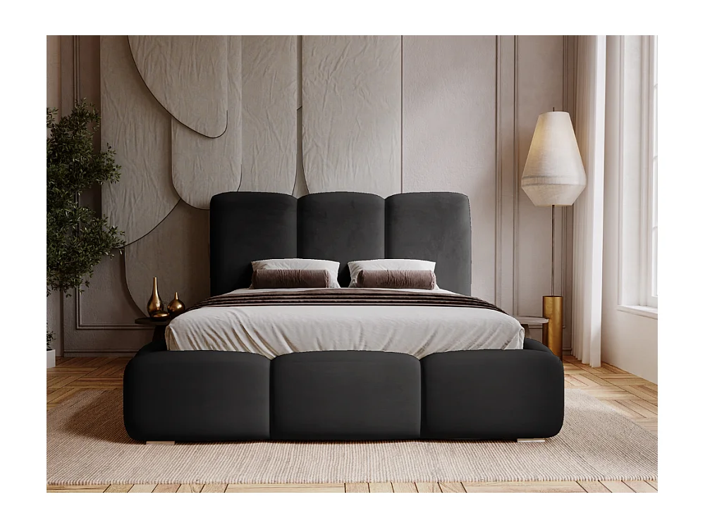 Lit rembourré avec rangement - 160 x 200 - lit double - velours - noir - Bubble