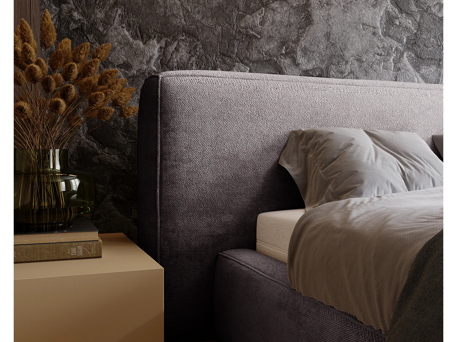 Lit rembourré avec rangement - 140 x 200 - lit double - chenille - gris - Monza