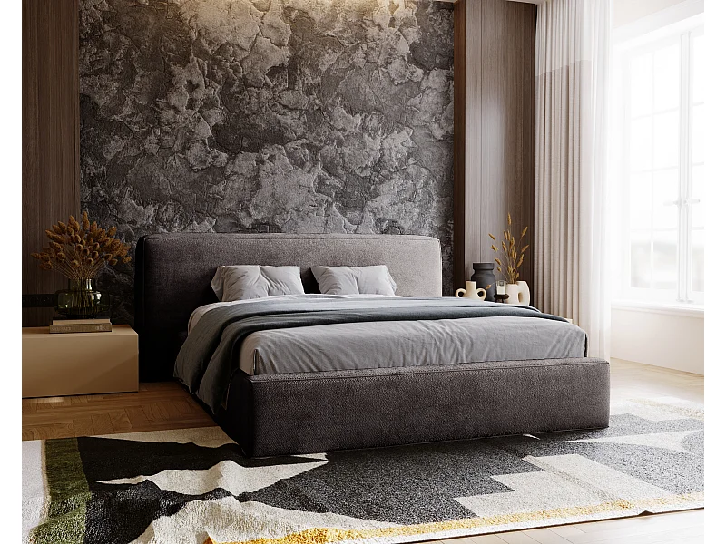 Polsterbett mit Bettkasten - 140 x 200 - Chenille-Stoff - Grau - Bett mit Lattenrost - MONZA
