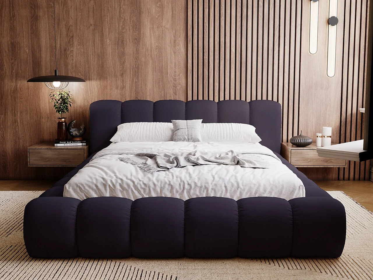 Polsterbett mit Bettkasten - 140 x 200 - Samtstoff - Marineblau - Bett mit Lattenrost - DORIA