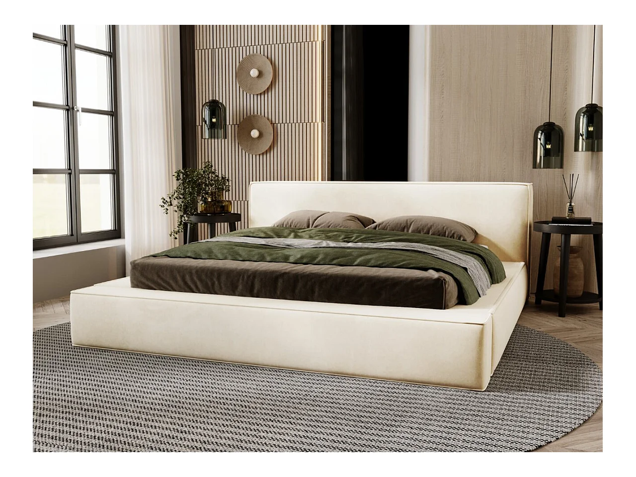 Lit rembourré avec rangement - 120 x 200 - lit double - velours - beige - Mali