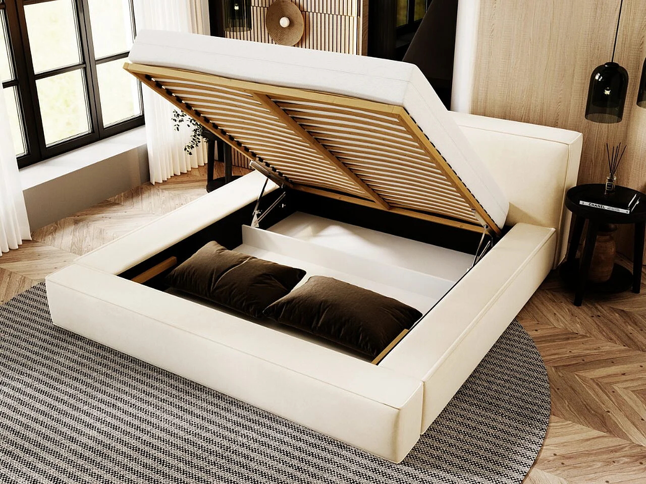 Lit rembourré avec rangement - 120 x 200 - lit double - velours - beige - Mali