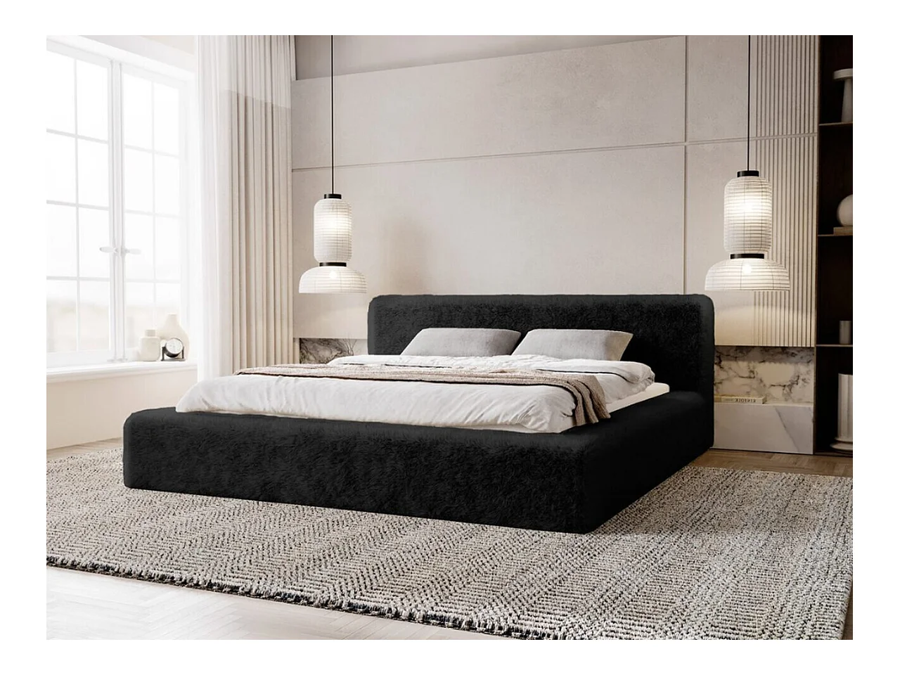 Lit rembourré avec rangement - 160 x 200 - lit double - peluche - noir - Enjoy