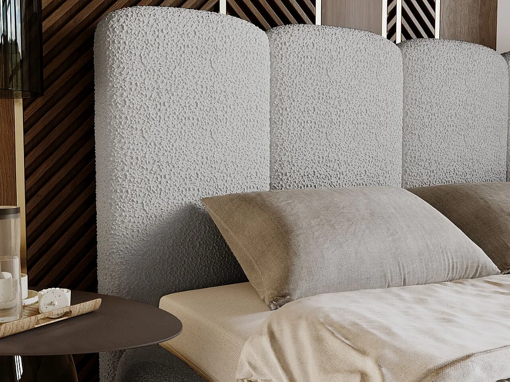 Lit rembourré avec rangement - 160 x 200 - lit double - bouclé - gris clair - Galli