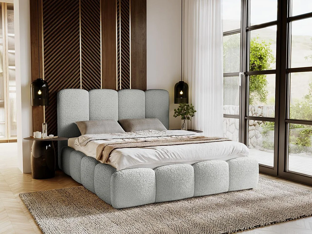 Gestoffeerd bed Galli 160x200 lichtgrijs - opbergruimte voor beddengoed, houten lattenbodem, doorgestikt hoofdbord en bedframe