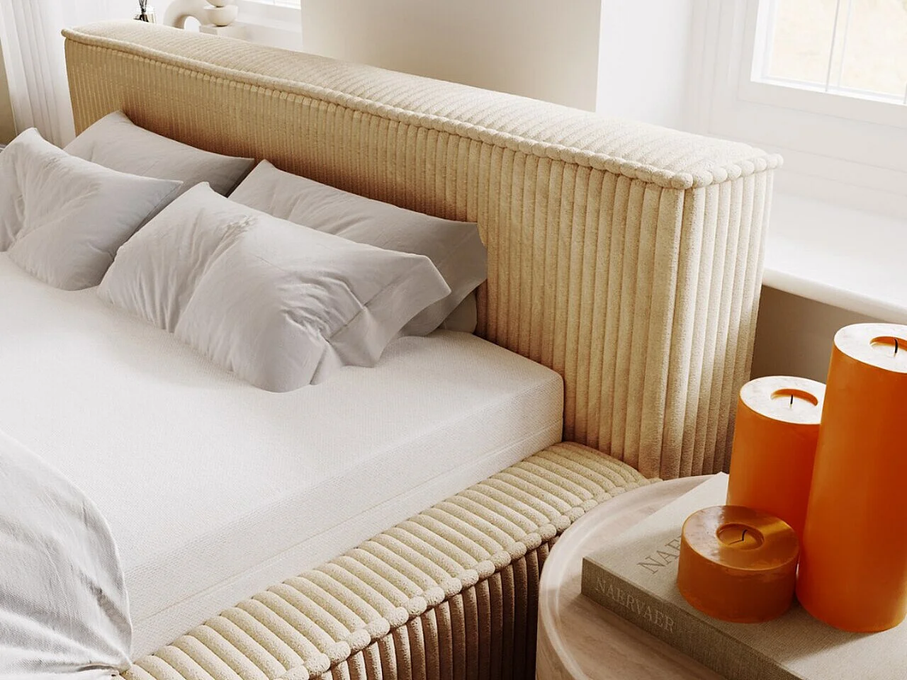 Gestoffeerd bed Lago 120x200 beige - opbergruimte voor beddengoed, houten lattenbodem, doorgestikt hoofdbord en bedframe