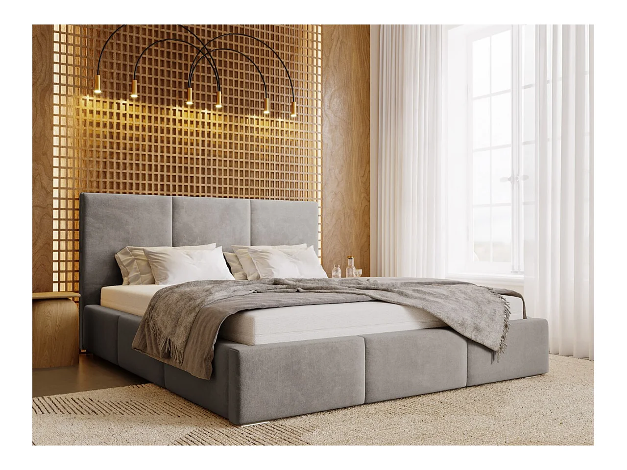 Lit rembourré avec rangement - 200 x 200 - lit double - velours - gris - Lincoln