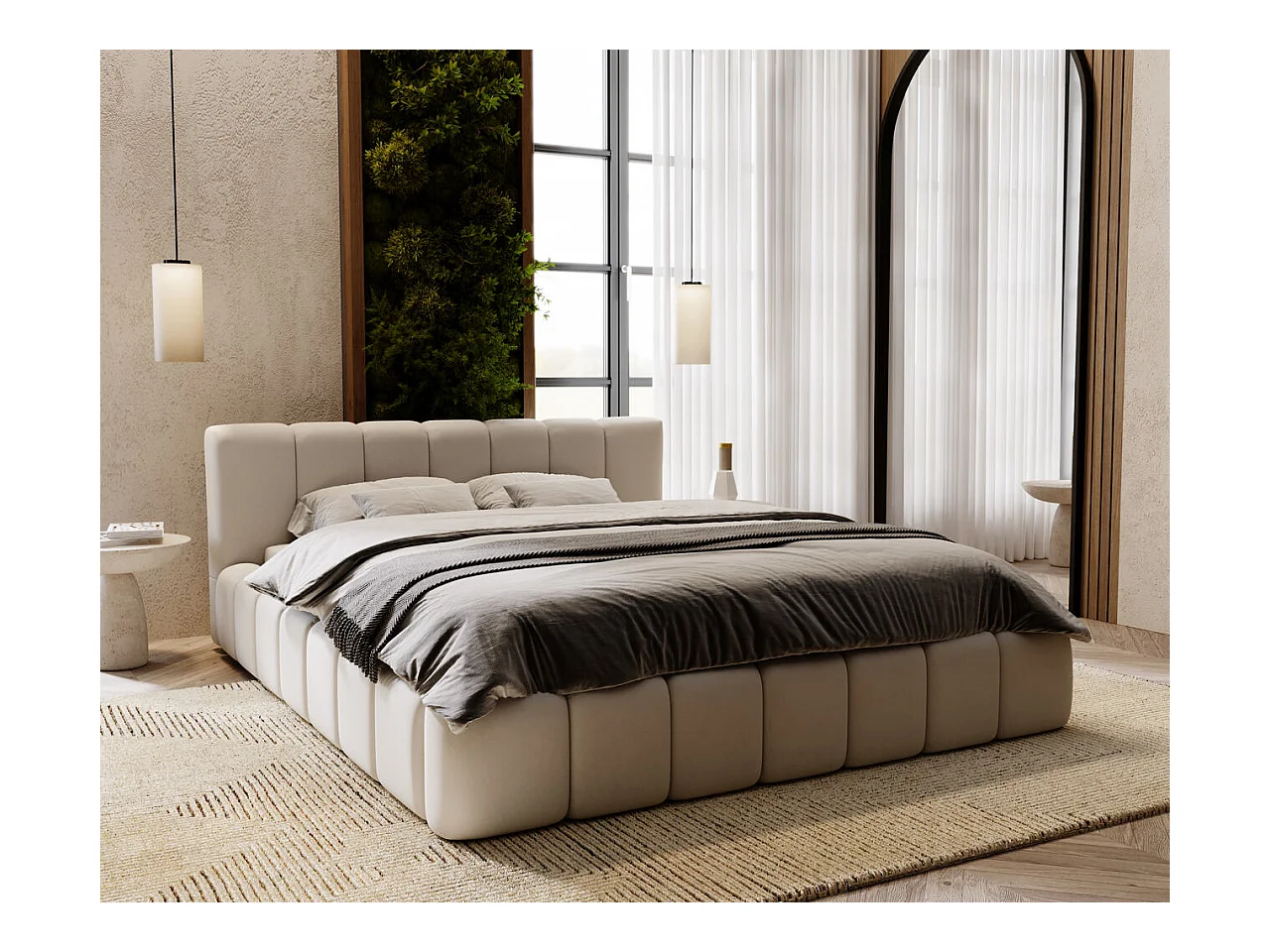 Lit rembourré avec rangement - 120 x 200 - lit double - velours - gris clair - Split