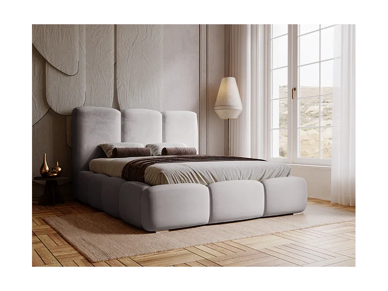 Lit rembourré avec rangement - 140 x 200 - lit double - velours - gris - Bubble