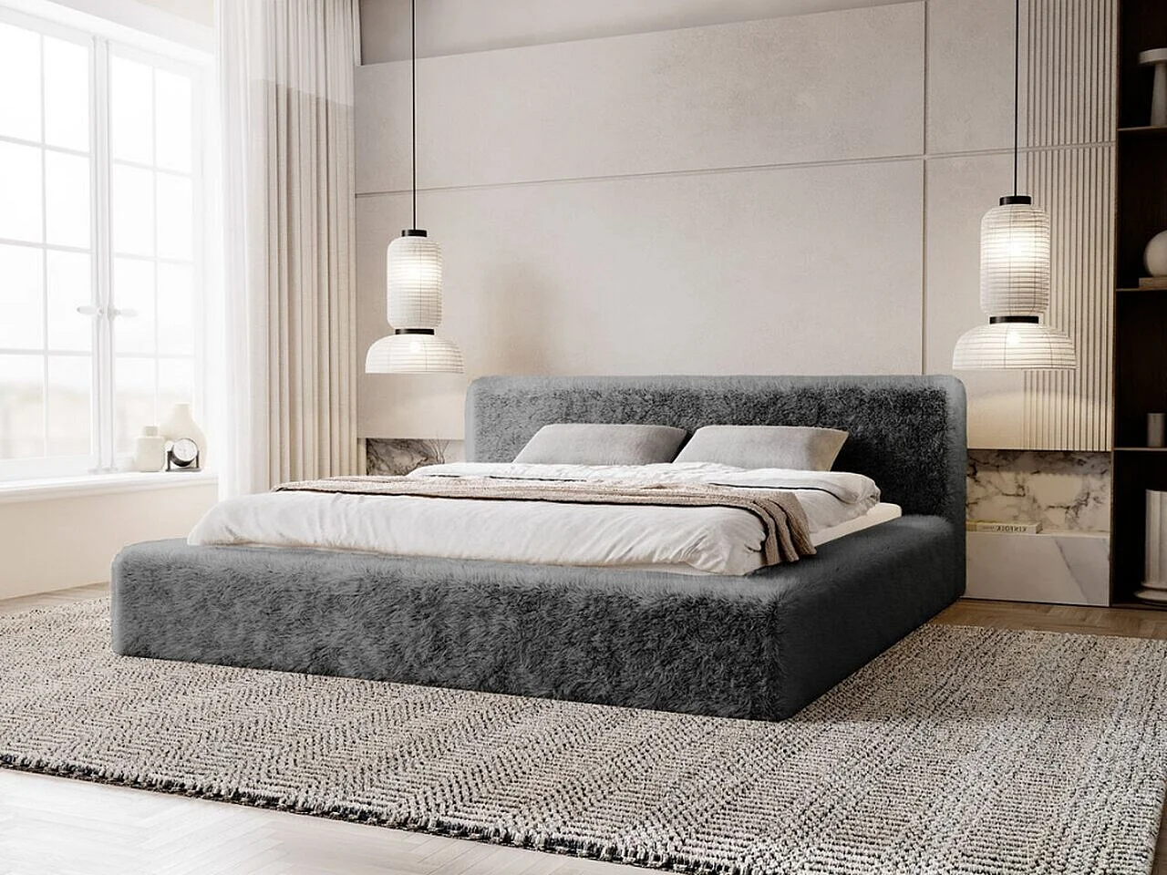 Lit rembourré avec rangement - 140 x 200 - lit double - peluche - gris - Enjoy