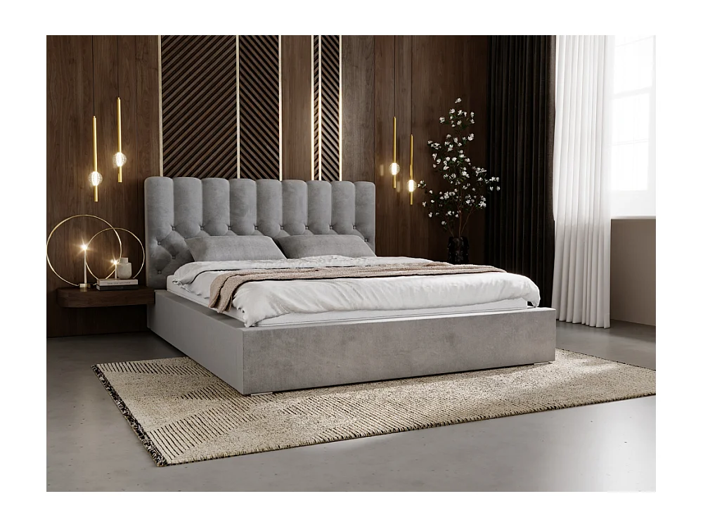 Lit rembourré avec rangement - 200 x 200 - lit double - velours - gris - Roma