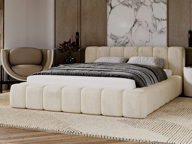 Gestoffeerd bed Ibiza 120x200 crème - opbergruimte voor beddengoed, houten lattenbodem, doorgestikt hoofdbord en bedframe.