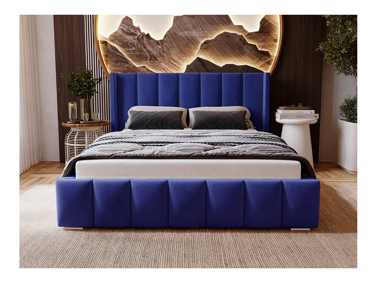 Lit rembourré avec rangement - 120 x 200 - lit double - velours - bleu - Marano