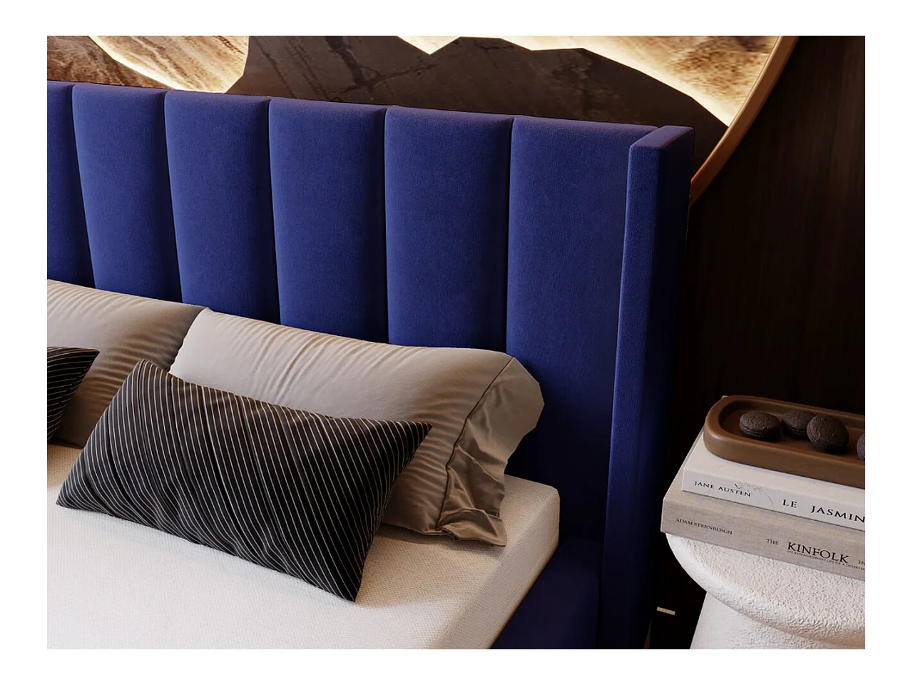 Lit rembourré avec rangement - 120 x 200 - lit double - velours - bleu - Marano