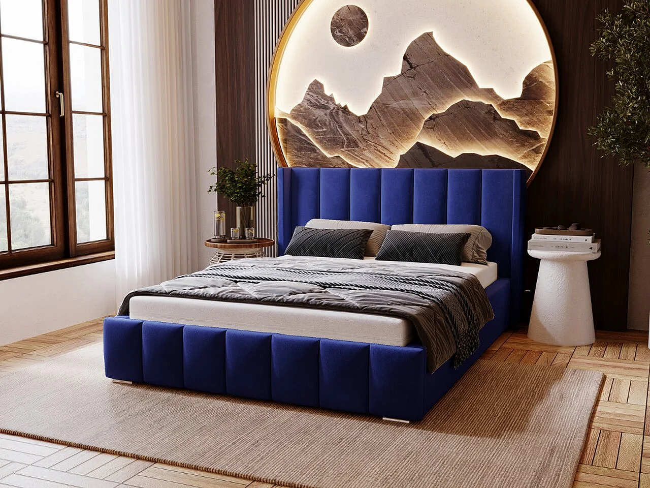 Lit rembourré avec rangement - 120 x 200 - lit double - velours - bleu - Marano