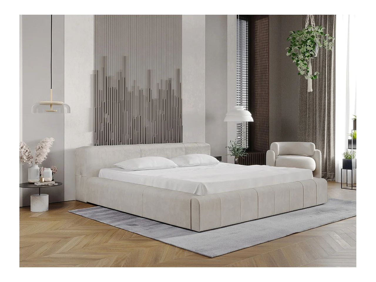 Lit rembourré avec rangement - 120 x 200 - lit double - velours - beige - Lipari