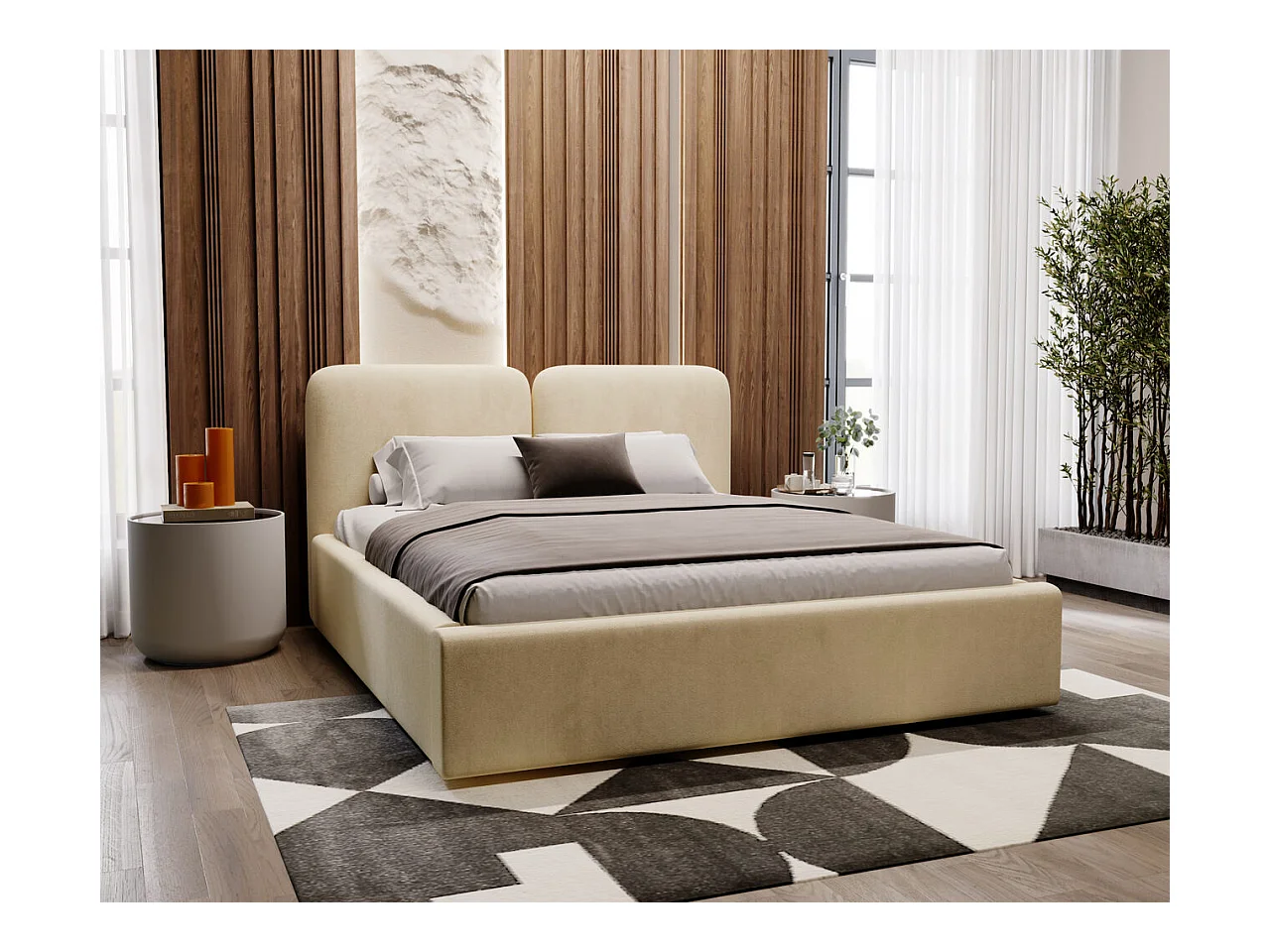 Lit rembourré avec rangement - 160 x 200 - lit double - velours - beige - Palermo