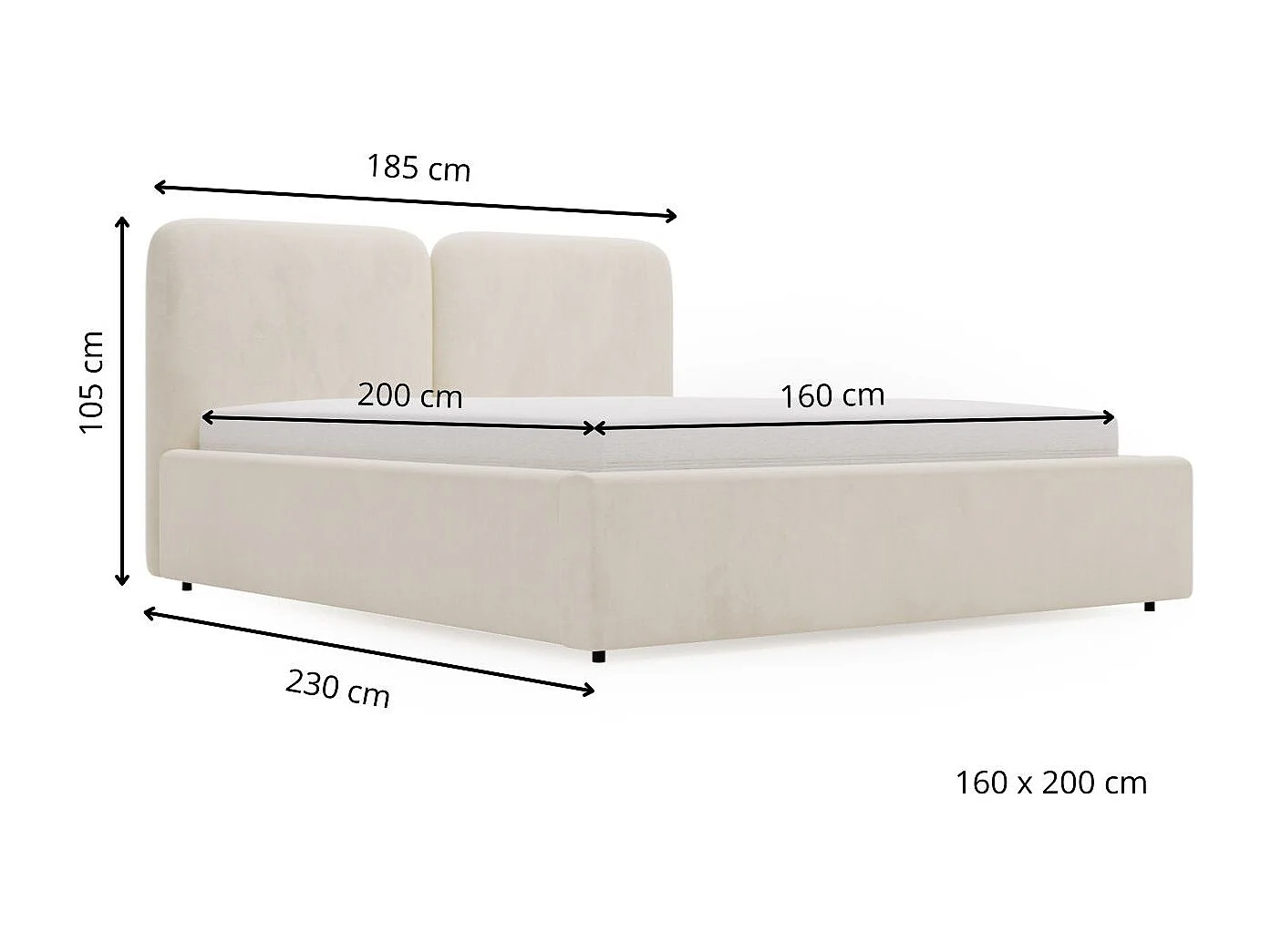 Lit rembourré avec rangement - 160 x 200 - lit double - velours - beige - Palermo